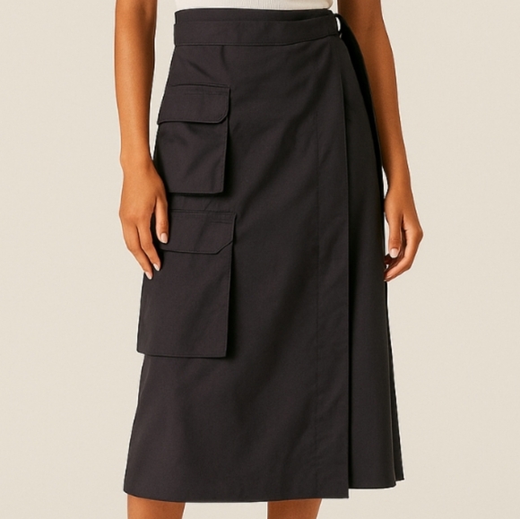 Urban Outfitters Black Wrap Cargo Midi Skirt with Belt | Size Small Petite - Picture 4 of 14